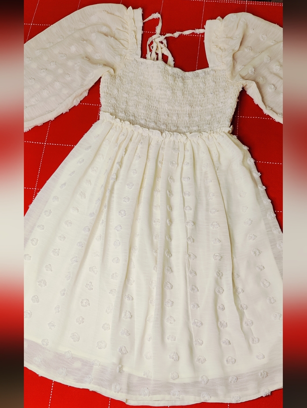 FEHRNVI Cream Swiss Dot Smocked Midi Dress Puff Sleeve Boho Cottagecore Small